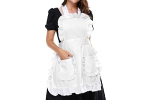 LilMents Women's Ruffles Outline Retro Pockets Apron Kitchen Cooking Cleaning Maid Costume (White)