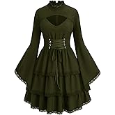 ROSE GAL Womens Plus Size Victorian Gothic Lace-up Layered Lace Trim Cutout Trumpet Sleeves Knee Length Dress