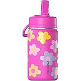Hydrapeak Mini 14oz Fun Sticker Print Water Bottle with Straw Lid, Stainless Steel Double Wall Insulated, Leak-Proof and Spill-Proof, Playful Daisy Fuchsia