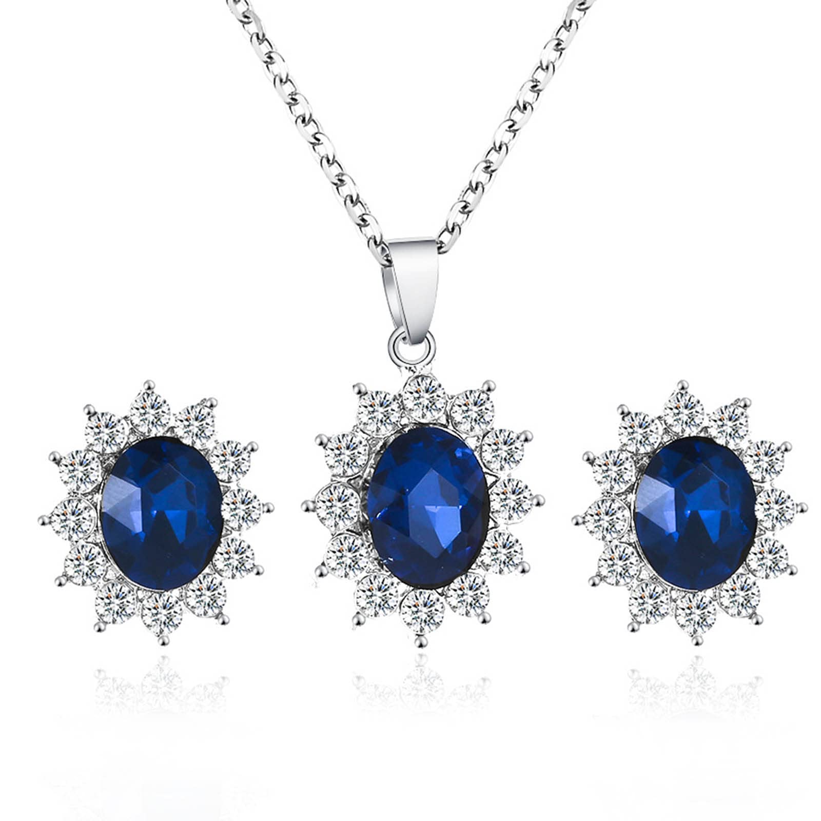 Yienate Wedding Sapphire Jewellery Sets Princess Blue Sapphire Crystal Pendant Necklace Earring Set Sunburst Zirconia Crystal Necklace Earring Studs Bridal Bridesmaid Jewellery Set for Women Girls