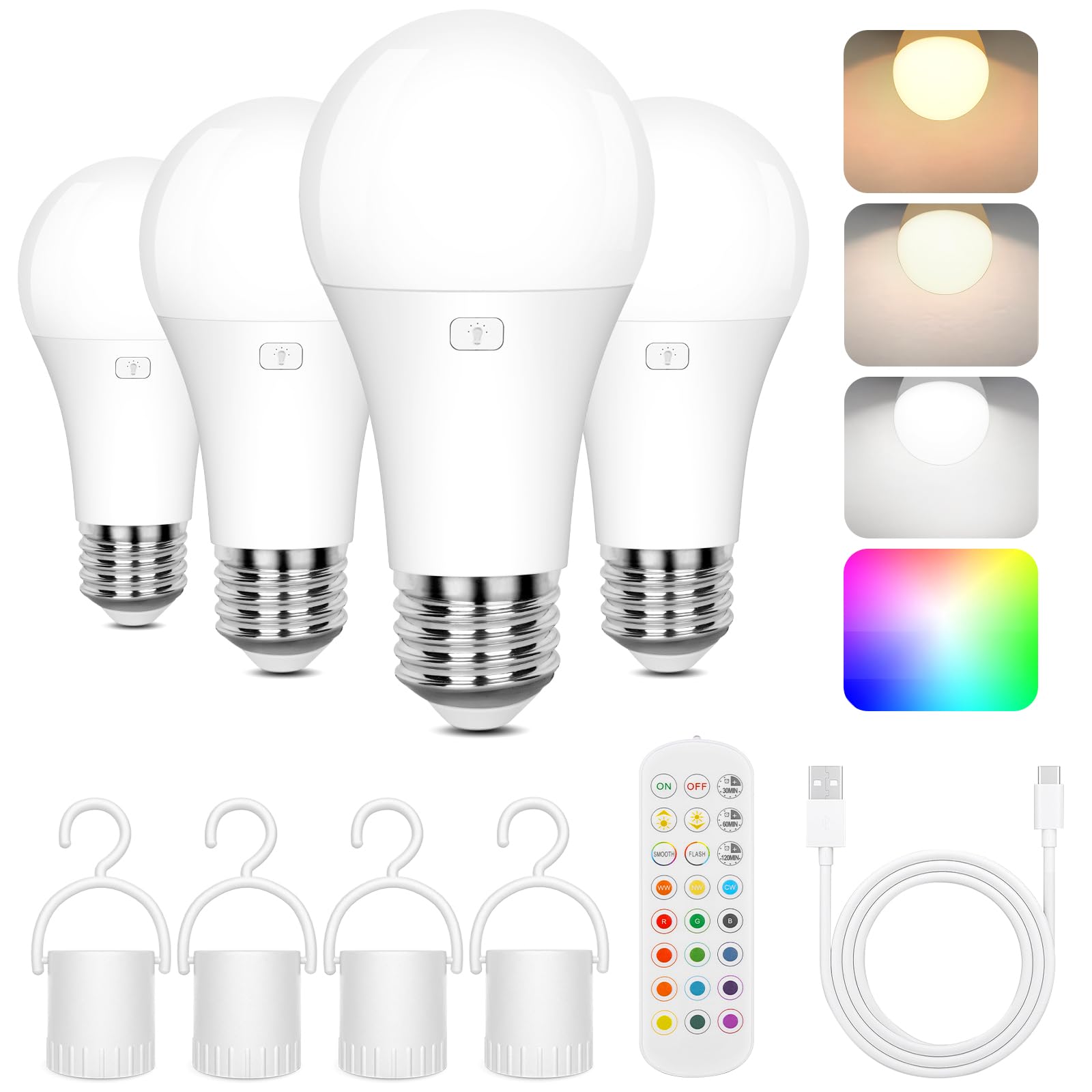 Photo 1 of Rechargeable Battery Operated A19 Light Bulb with Remote Control 4 Packs, Dimmable Detachable LED Bulb with 15 Colors Selectable & 3 Timer, Wireless Puck Light Bulb for Wall Sconce, Non-Hardwired