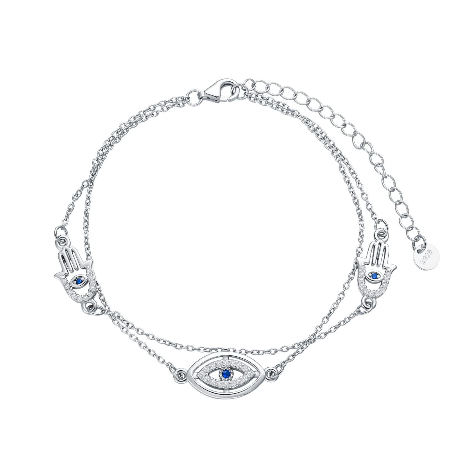 VONALA Evil Eye Bracelet 925 Sterling Silver Hamsa Hand of Fatima Turkish Blue Eye Charm Link Chain Layered Bracelets Religious Protection Jewellery Gifts for Women Girls