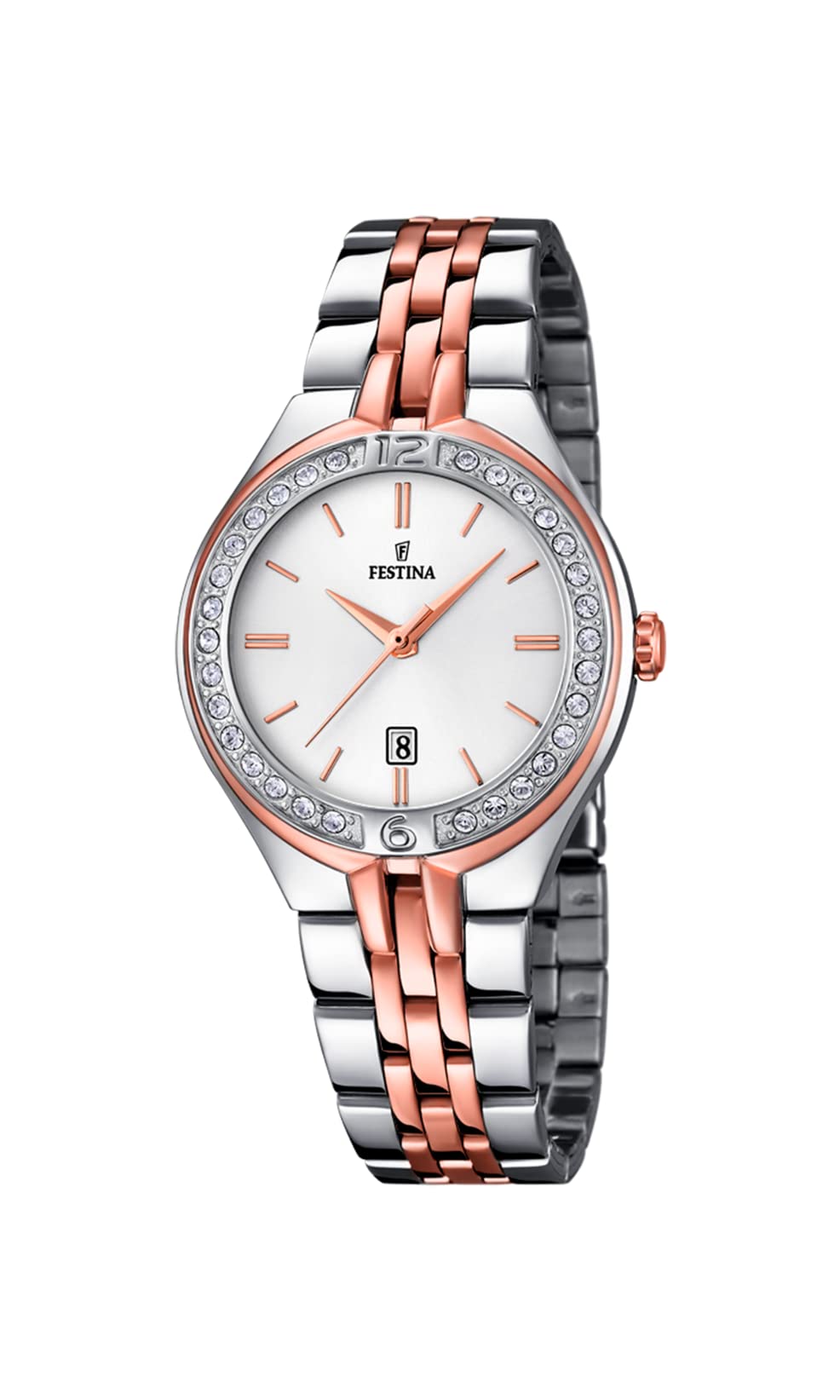Festina Women's Quartz Watch with White Dial Analogue Display and Silver Stainless Steel Rose Gold Plated Bracelet F16868/2