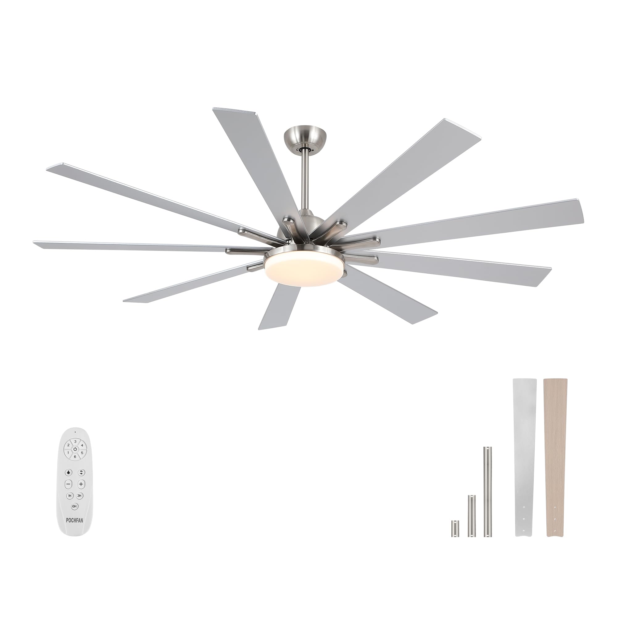 Photo 1 of POCHFAN 72 inch Ceiling Fans with Lights and Remote, Large Ceiling fan with 9 Wooden Blades for Kitchen Living Room Indoor or outdoor Patio,Quiet 3 CCT,6 Speed, Brushed Nickel