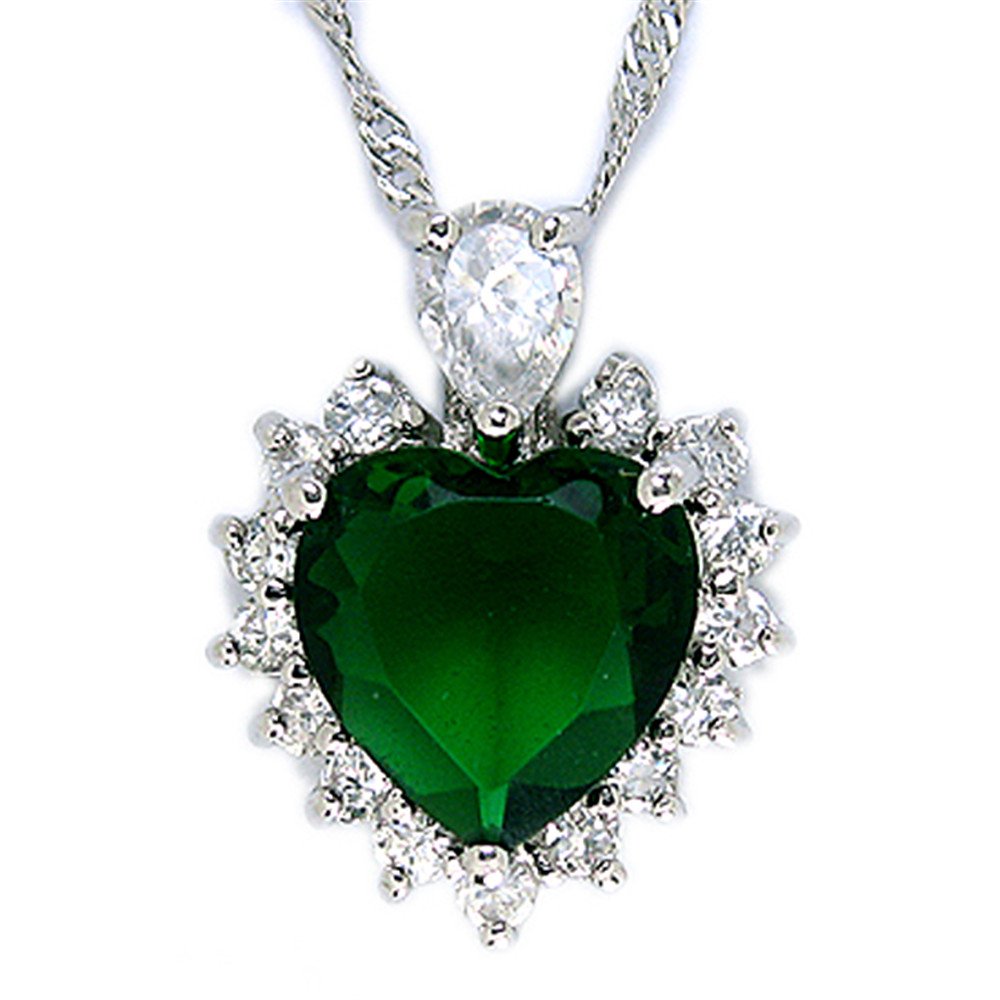 RIZILIA Ocean Heart Pendant with 18" Chain & Heart Cut Gemstones CZ [Green Emerald] in 18K White Gold Plated, Simple Modern Elegance