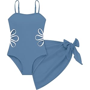 IDOPIP Girls One Piece Swimsuit with Beach Cover up Skirt 2 Piece Bathing Suit Adjustable Straps Swimwear Sets for Kids 7-16Y