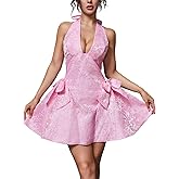 ChiaoLezhee Halter V Neck Mini Dress, Jacquard Bow A Line, Homecoming Prom, Sexy Short Dresses for Women HOCO Formal Birthday