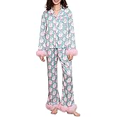 SOLILOQUY Women Christmas Pajamas Set Silk Satin Feather Fur Trim Long Sleeve Shirt and Pants 2 Piece Lounge Set Sleepwear