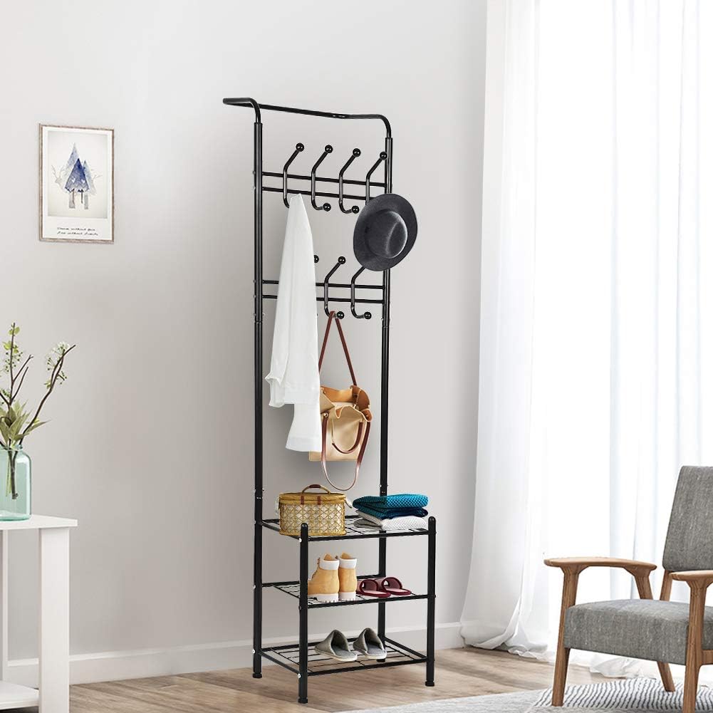 Liusin Metal Entryway Coat Shoe Rack Free Standing Hall Tree With 14 Hooks Coat Hat Umbrella Rack And 3 Tier Shoe Storage Bench For Accent Entryway Corner Hallway Garment Black Coat Racks