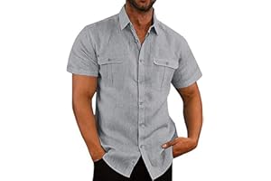 GENERIC Men's Cotton Linen Shirt Casual Button Down Shirts Lightweight Short Sleeve Shirts Summer Dress Shirts Blouse