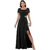 Vevtellb Women's Chiffon Mother of The Bride Dresses Long Scoop Neck Cape Sleeve Evening Formal Dress with Slit