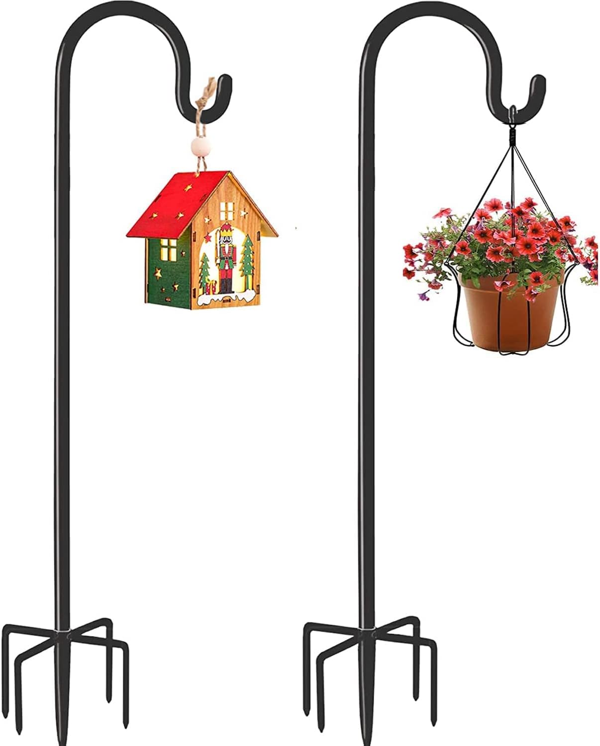 Outdoor Shepherd's Hooks - MAXZONE Outdoor Shepherd Hook with 5 Prong Base, Bird Feeder Pole Stand, Adjustable Heavy Duty Garden Hanging Stake for Solar Light Plant Hanger Wedding Decor, Matte Black (36 in-2 Pack)