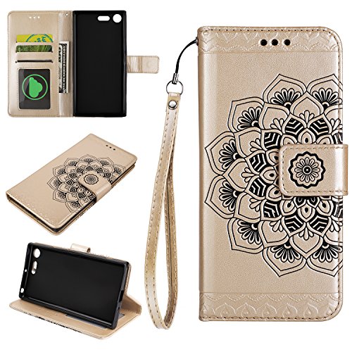 NEXCURIO [Embossed Flower] Sony Xperia XZ Premium Wallet Case with Card Holder Folding Kickstand Leather Case Flip Cover for Sony Xperia XZ Premium (Gold)