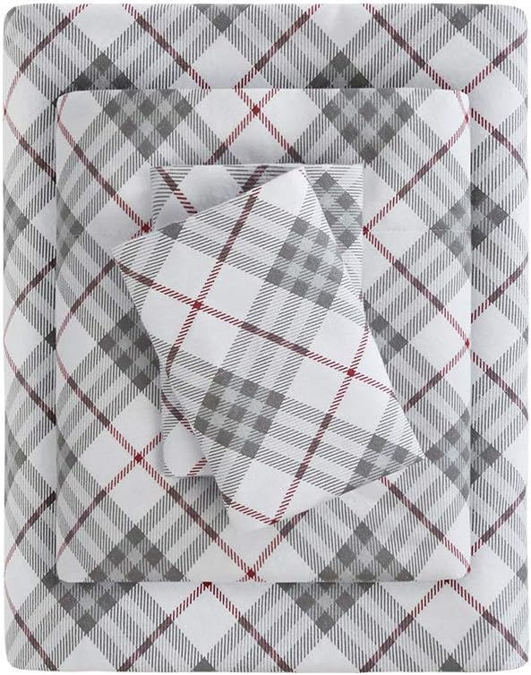 True North by Sleep Philosophy Cozy Flannel Warm 100% Cotton Sheet - Novelty Print Animals Stars Cute Ultra Soft Cold Weather Bedding Set, King, Red Plaid 4 Piece