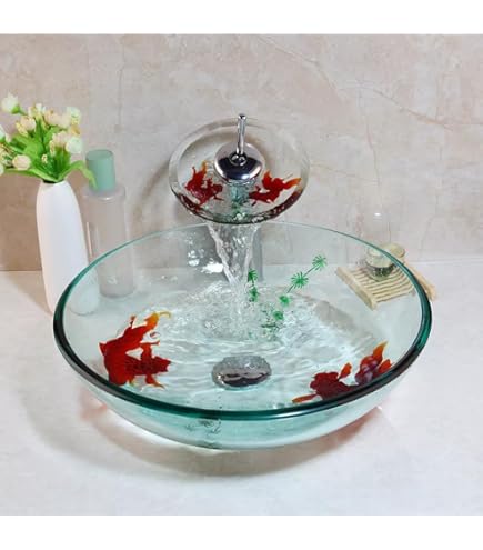 Green Leaf Shaped Bathroom Sink Waterfall Faucet Combo Oval Green Leaf Glass Vessel Bathroom Sink With Waterfall Faucet - Artistic Surface Mount Basin Combo Bathroom Sink Set