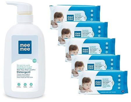 Mee Mee Mild Baby Liquid Laundry Detergent Bottle, 500ml & Caring Baby Wet Wipes, Aloe Vera, 72 Pieces (Pack of 5) Combo