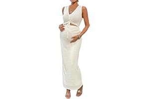 Milumia Women's Maternity 2 Piece Outfits Textured Drawstring Tie Knot Tank Top Bodycon Maxi Skirt Sets