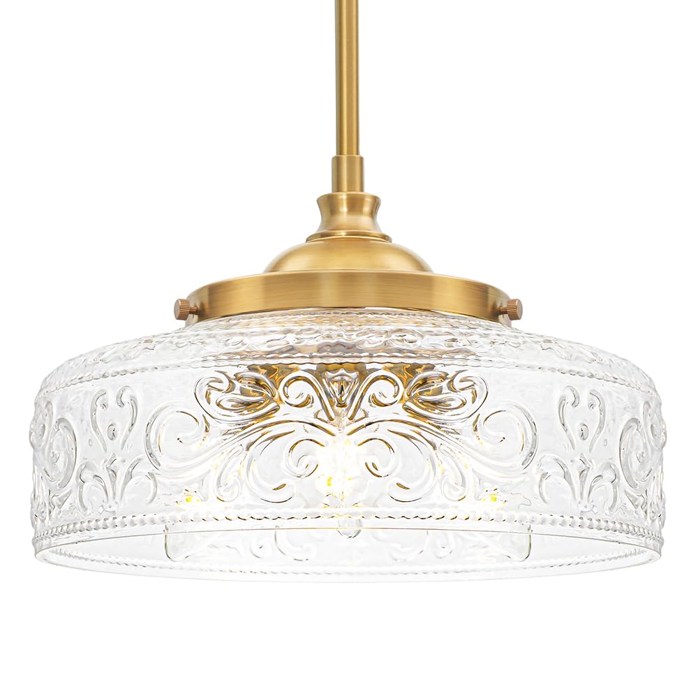 Photo 1 of 3-Light Adjustable Pendant Lights Kitchen Island, Gold Brushed Metal & Clear Glass Ceiling Pendant Light, Vintage Brass Drop Lights for Bathroom, Hallway, Convertible Ceiling Mount Or Hanging Fixture