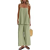 UNIANKIYA 2 Piece Sets for Women Summer Spaghetti Strap Tops and Linen Pants with Pockets Beach Vacation Clothes Casual