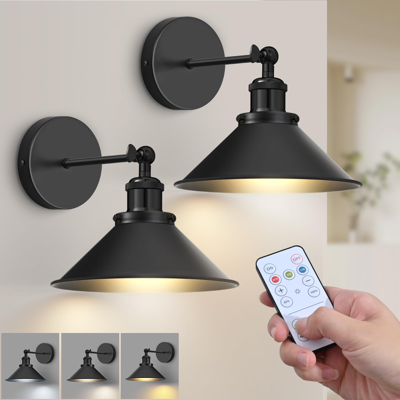 Photo 1 of ZornLots Battery Operated Wall Sconce Set of 2,Vintage Wireless Wall Sconces with Remote,Dimmable Led Wall Lights,Wall Lamp Fixture Indoor Bedroom Living Room Kitchen,LED Bulbs Included,Black