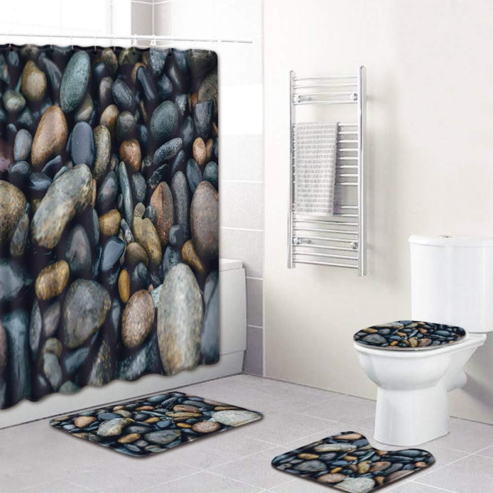 WWZEMLK Three-piece toilet Stone Pattern 4 Piece Shower Curtain for Bathroom Carpet 3D Bath Mat Set Anti Slip Toilet Rug Set Fleece Seat Cvoer Blanket