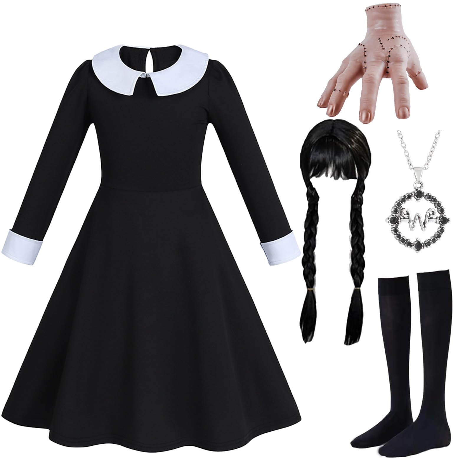 Photo 1 of 6pcs Girls Halloween Costume Girls Black Dress Long Sleeve with Wig Necklace Sock 3-14Y(3-4 Years)