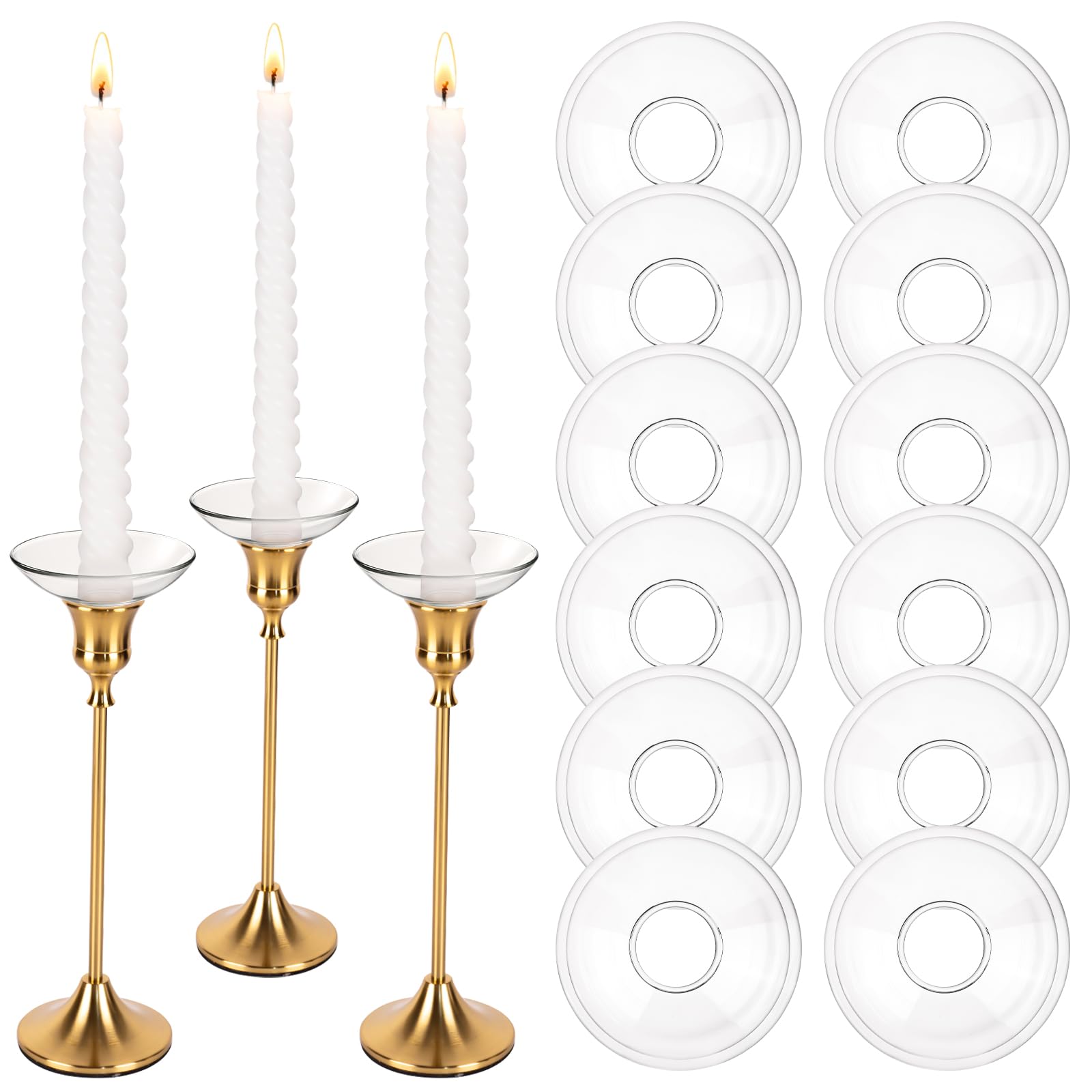 Photo 1 of 12Pcs Candle Drip Protectors for Candles Stick Candles Holder, Clear Glass Rings Taper Candles Wax Catcher, Candle Bobeches Tapers for Wedding Party Church Home, Accessories