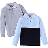 MYYUNUO Boys Long Sleeve Polo Shirts, 2-Pack, Light Blue Color Block and Gray, 90/2-3 Years