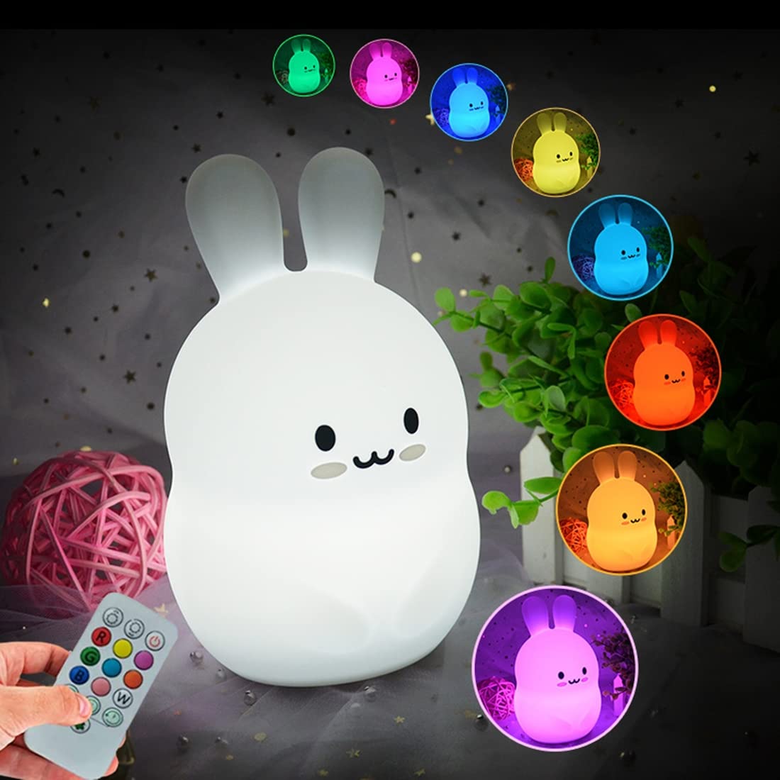 Glinrui Rabbit Night Light Nursery Lamp Kids lamp Children Bedroom Bedside Lamp Changeable Brightness & Color Children's Table Night-Lights, Holiday Gifts, Child Gift - Medium
