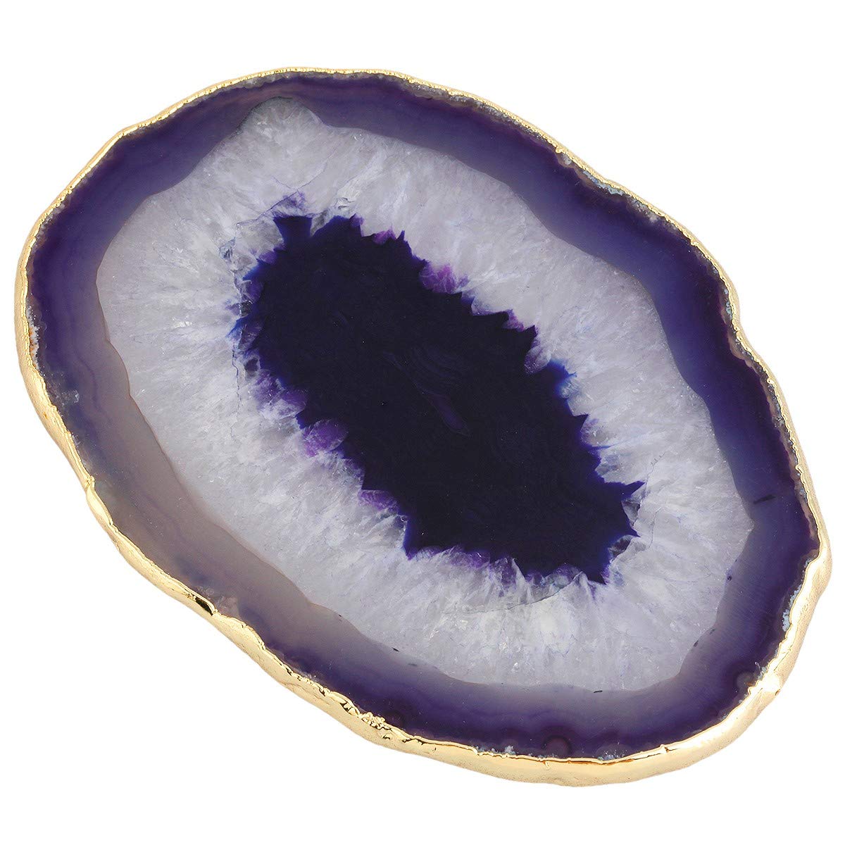 mookaitedecor Set of 2 Purple Crystal Agate Slice Coasters for Drinks, Gold Edged Coasters Semi Precious Stone Geode Coaster Quartz Cup Mats, 3.1-3.9 Inch