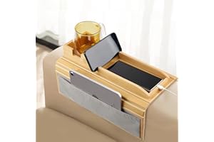 GIIFER Couch Cup Holder Tray，4 in 1 Couch arm Table with Side Storage Pocket，Couch arm Tray Anti-Slip, Bamboo Couch Table for Drinks, Snacks, Cup, Remote and Phone for Most Armrests on Couches