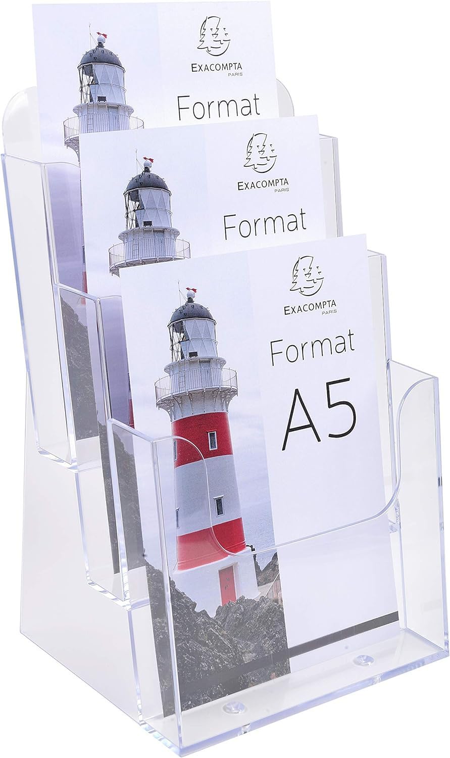 Exacompta - Ref. 75158D - 1 flyer dispenser on table - 3 compartments - Monobloc - Dimensions: Prof. 18.1 x width. 15.4 x Height. 28 cm - Format to file A5 - Crystal