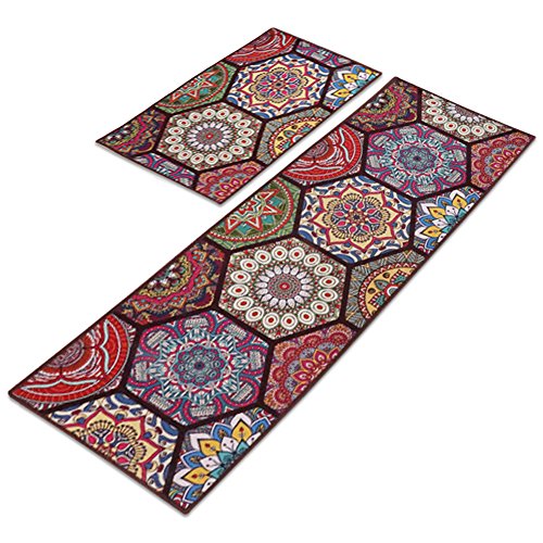 Carvapet 2 Piece Non-Slip Kitchen Mat Runner Rug Set Doormat Vintage Design Baroque Style,Purple (20"x59"+20"x31")