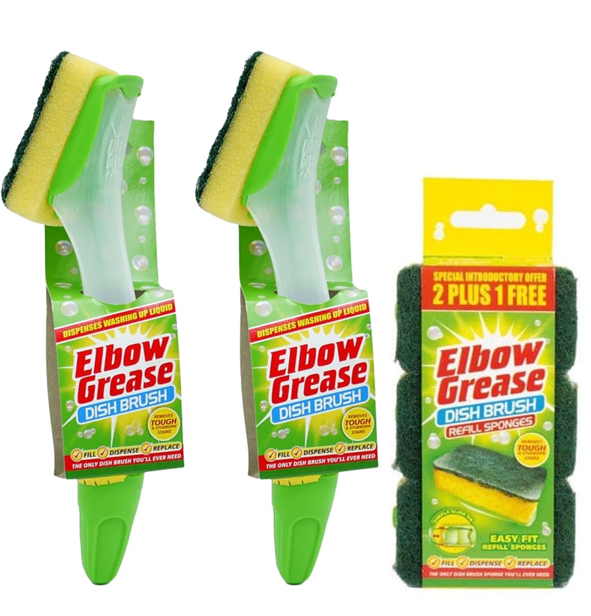2X Elbow Grease Fillable Washing Up Brush with Sponge- Ergonomic design handle - with 3X Elbow Grease Sponge Refills