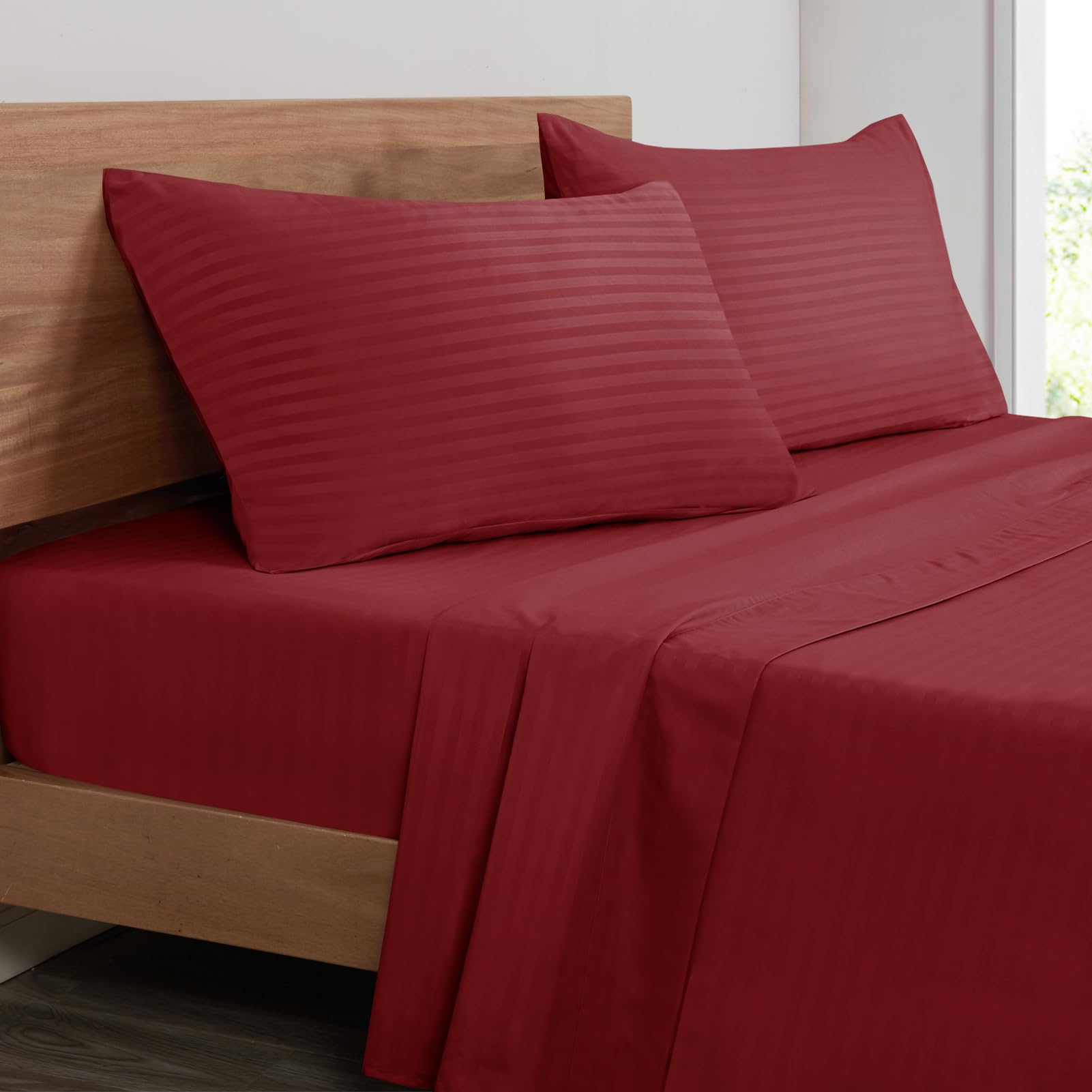 Mejoroom Striped King Size Bed Sheet Set - Hotel Luxury 1800 Bedding Sheets & Pillowcases - 16" Deep Pocket Fitted Sheet, Soft, Breathable, Wrinkle & Fade Resistant - 4 Piece(02-Burgundy) Image
