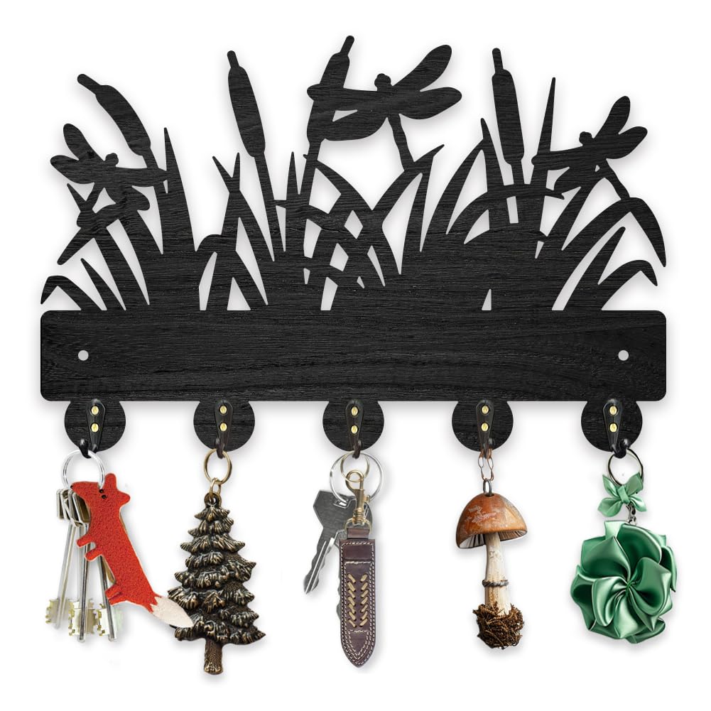 MAYJOYDIY Wood Dragonfly Coat Hook Wall Mounted 30×20cm Summer Dragonfly Key Holder for Wall Decorative Black Key Hanger 5 Alloy Hooks for Gift Entryway Bedroom Living Room Office