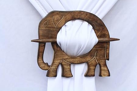 Wooden Elephant Curtain Tie Backs Drapery Holdbacks Rustic Set Of