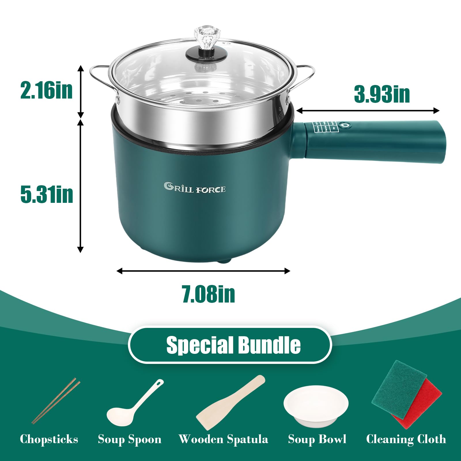 GRILL FORCE Hot Pot Electric with Steamer,6 Smart Modes, 1.8L Ramen Cooker, Portable Cooker, Non-Stick Frying Pan, Sauté Pan, Electric Pot for Pasta, Egg, Steak, BPA Free, College Dorm Room Essential