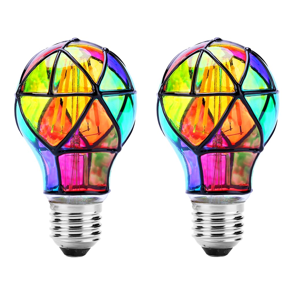 E27 Edison Light Bulb 2 Packs Stained Glass Screw Decorative Blown Bulb 3.5W ST64 LED Filament Bulb Replacement for Bedroom Living Room Home Christmas Decoration Halloween