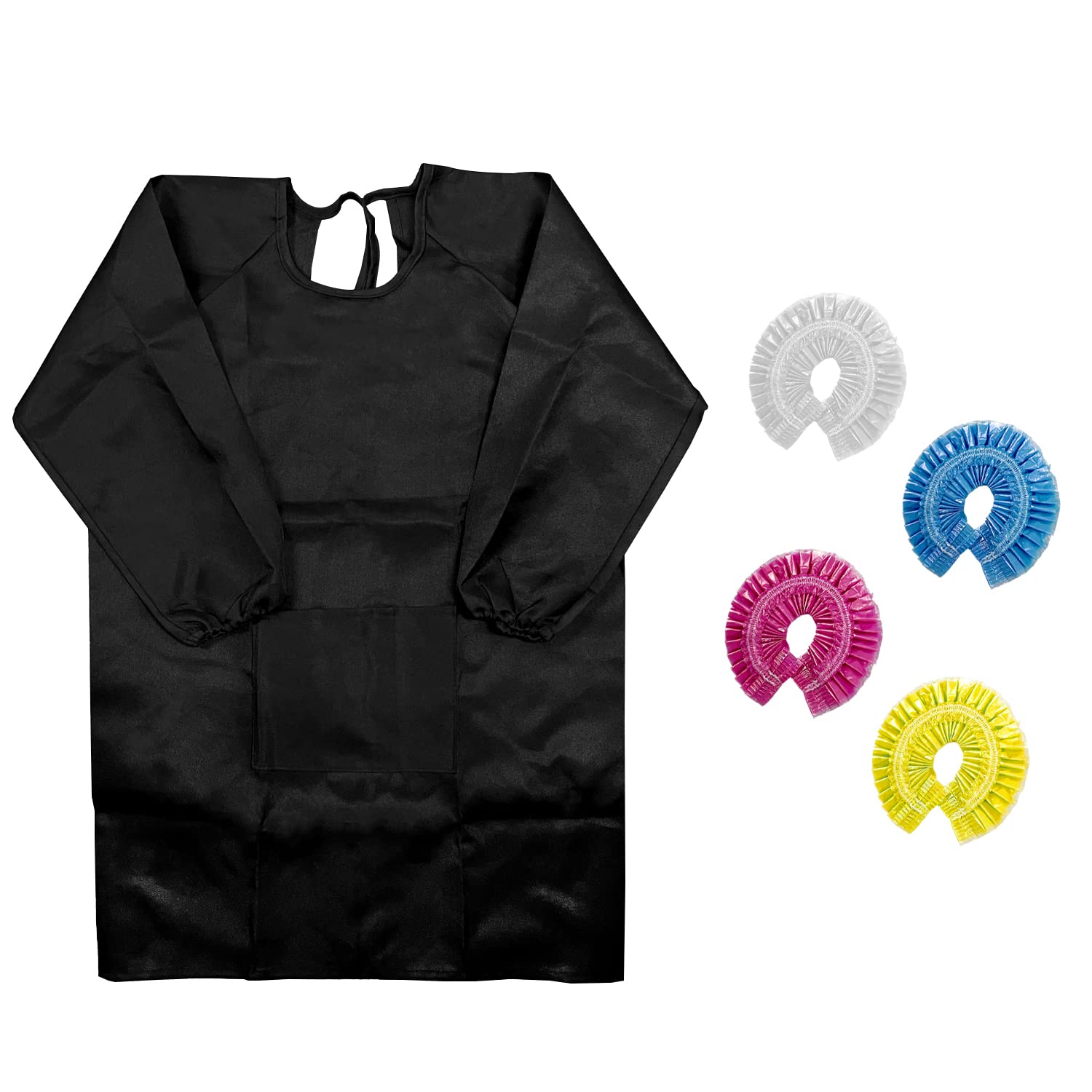 1 Piece Kids Black Smock Craft Kitchen Painting Apron Long Sleeve Reusable Waterproof Stain Resistant with 4 Pieces Waterproof Caps.