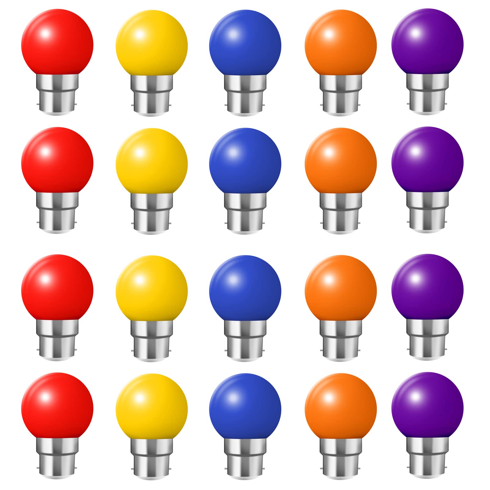 HUAMu 20 Pack B22 Bayonet Cap LED Coloured Light Bulbs, 2W G45 Mini Globe Golfball Bulbs for Outdoor Patio Garden Party Christmas, Mixed Colored Red Yellow Blue Green Violet — image 1