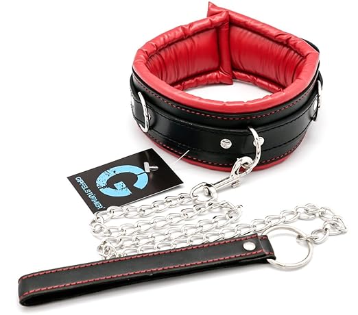 Halsband mit Stahlkette by DEVOTION, Karabinerhaken, weiche Polsterung, hinterlässt keine Spuren, abschließbar, rot-schwarz