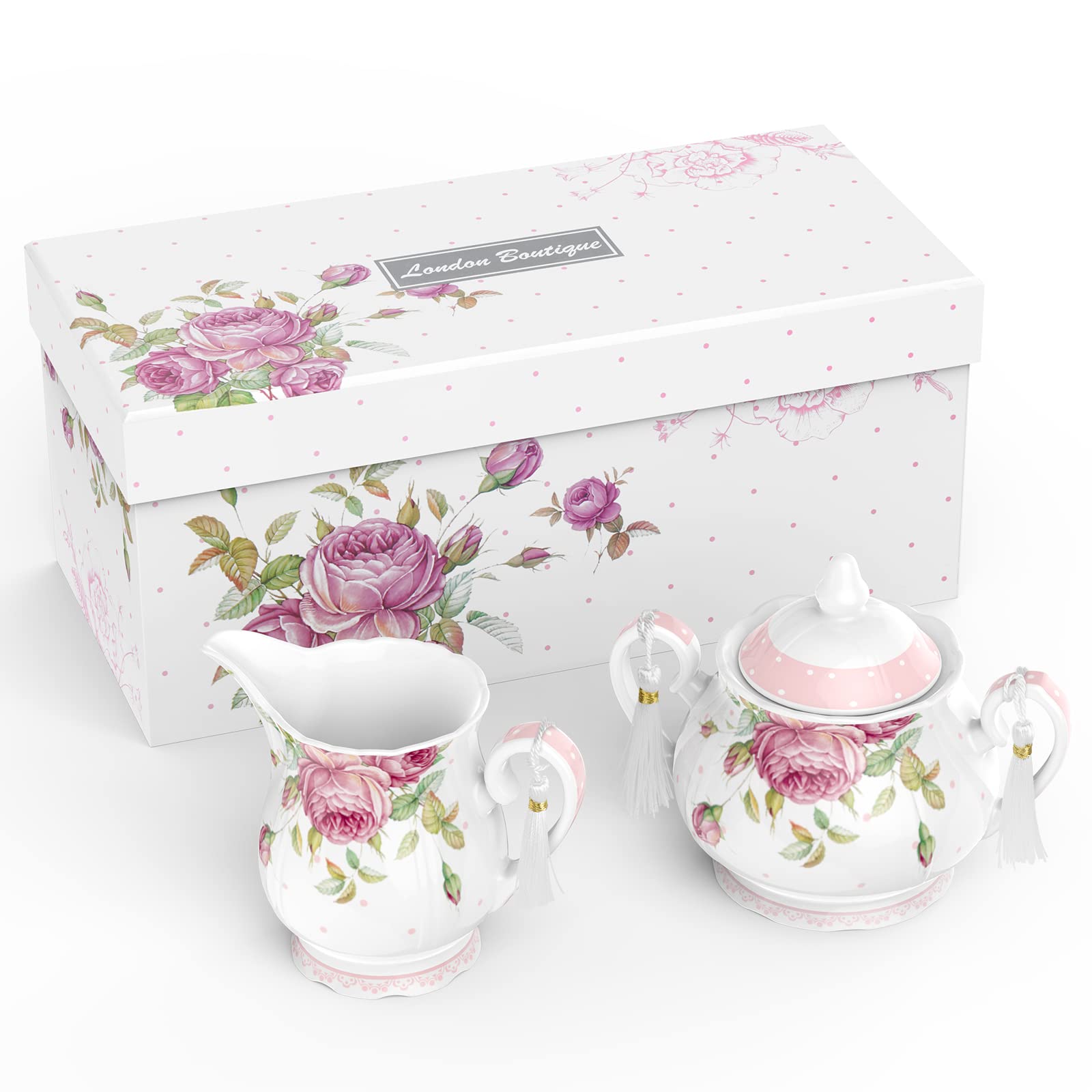 London Boutique Large Teapot Milk Jug Sugar Bowl Afternoon Tea Set Teapots Set New Bone China Vintage Flora Gift Box 1300ml (Milk Jug Sugar Bowl)