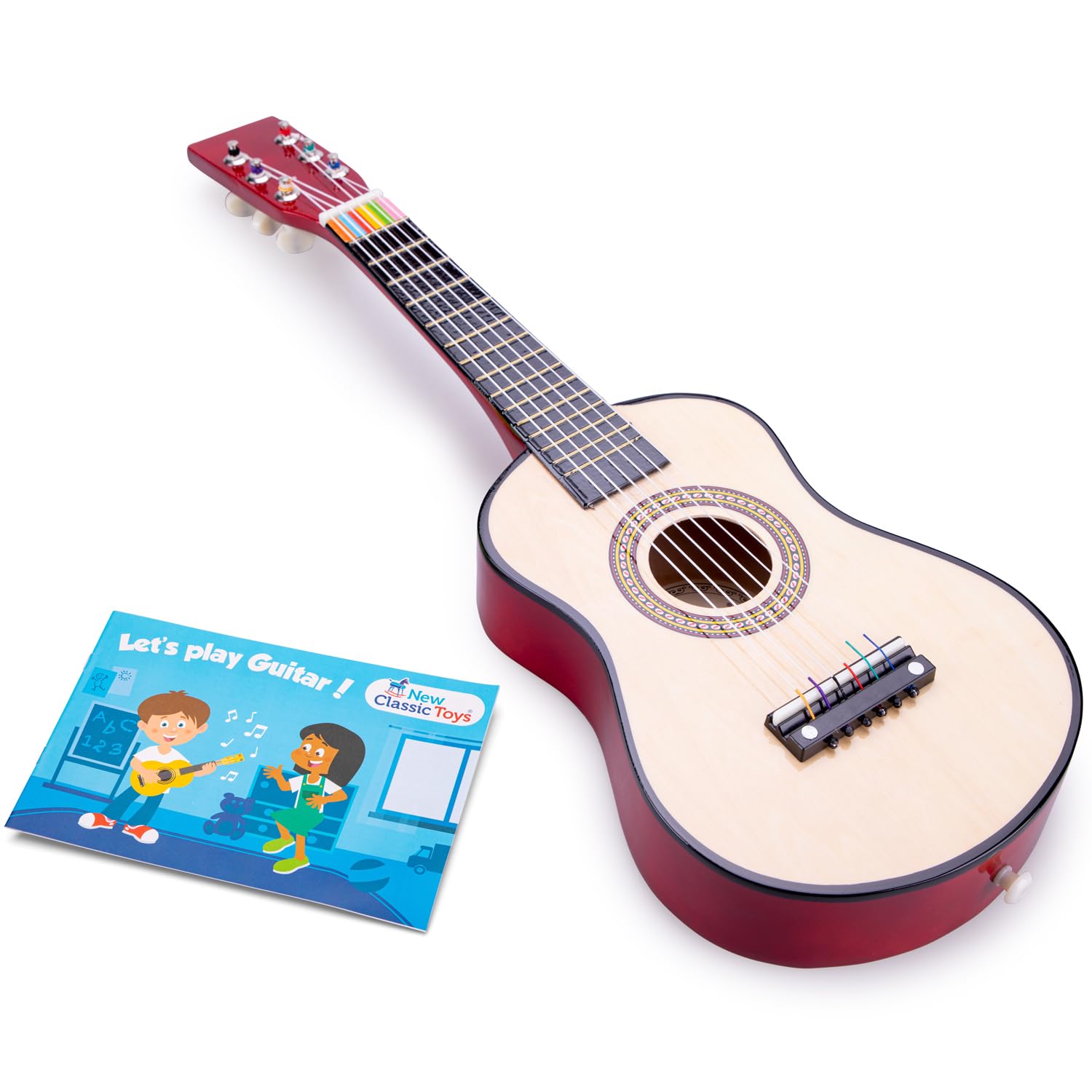 Woet® Natural Wood Toy Guitar for Kids, 6 Nylon Strings with Strap, Spare String and Color Song Book with 3 Songs, Beginner Educational Musical Instrument, Fun Music Gift, Age 3 Years +