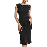 WOMLAYOUT Women's Formal Sheath Dress Sleeveless Boat Neck Ruched Midi Work Dresses