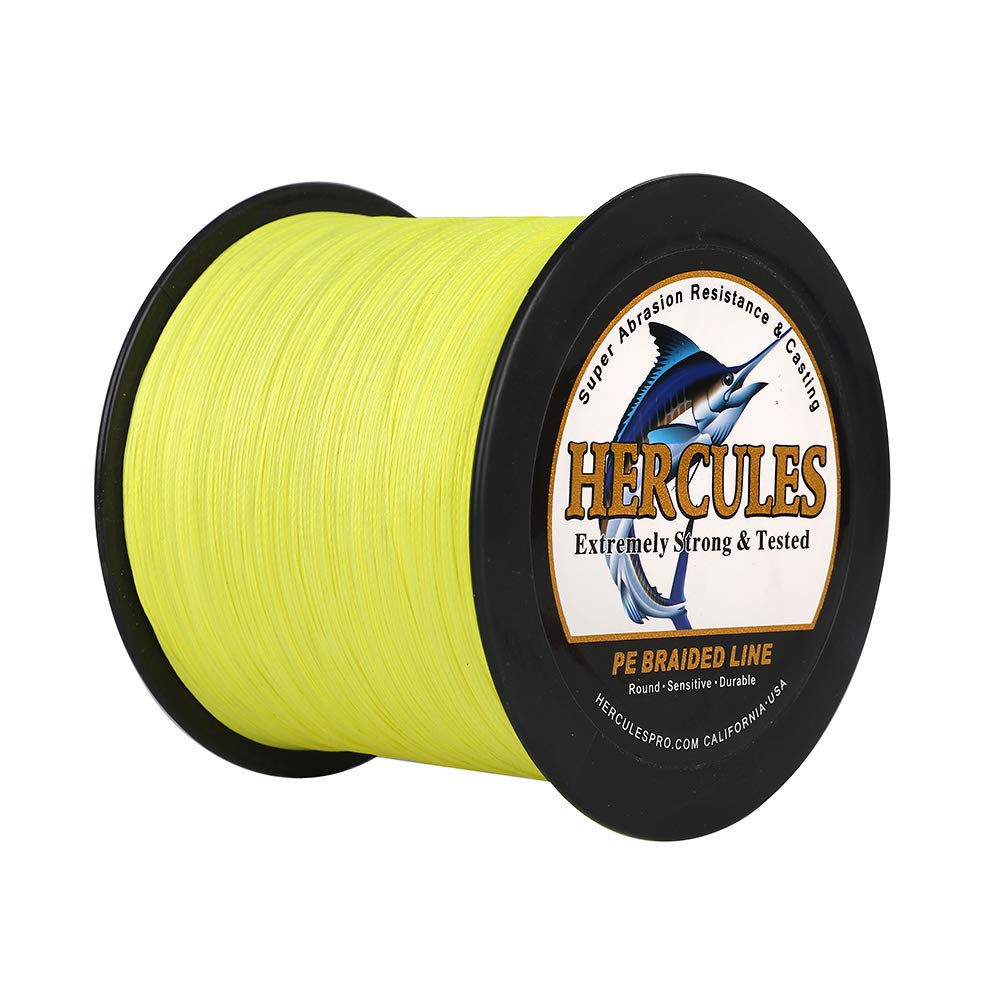 Hercules Super Strong 1000M 1094 Yards Braided Fishing Line 100 LB Test for Saltwater Freshwater PE Braid Fish Lines 4 Strands - Fluorescent Yellow, 100LB (45.4KG), 0.55MM