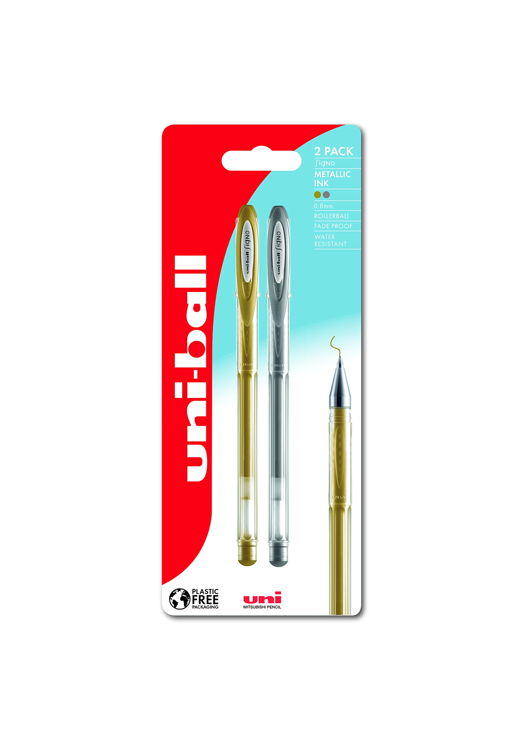 Uni-Ball UM-120NM Signo Metallic Rollerball Gel Colouring Pens. Premium Medium 0.8mm Ballpoint Tip. Arts and Crafts for Kids & Adults. Fade & Water Resistant Uni Super Ink. Pack of 2 Gold/Silver