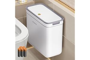 O-MART Small Slim Bathroom Trash Can with Lid, Wall Mount/Freestanding, Press Top, Pet Proof Odor Seal, No Battery, Narrow Garbage Bin for Home Office RV, 4 Gallon,White,with 5 Rolls of Trash Bags.