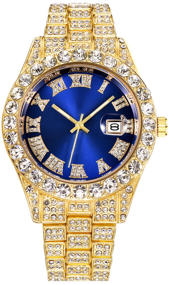 HUNRUY Hip Hop Watches for Men Iced Out Bling Diamond Luxury Quartz Watches with Date, XL face-gold blue, Fashion