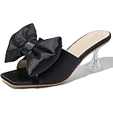 Heiyom Women's Bow Clear Heels Slippers Dress Sandals Square Toe Stiletto Mules Slip on Wedding Prom Shoes